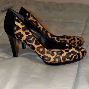 Franco Sarto Leopard Print Calf Hair High Heel Pumps in Black and Tan platform